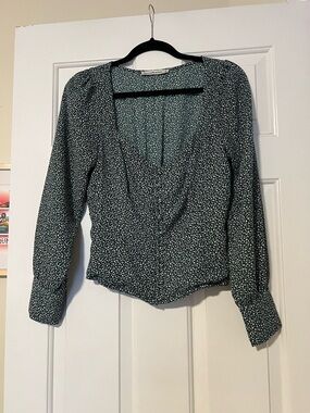 Abercrombie & Fitch Dark Green Floral V-Neck Long Sleeve Blouse